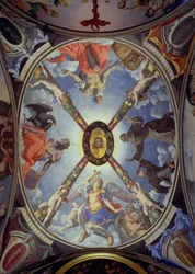 Die Decke der Kapelle von Eleonora von Toledo, die den Erzengel Michael zeigt, wie er Satan besiegt; St. Johannes der Evangelist; St. Hieronymus; und St. Franziskus, der die Stigmata empfängt, 1555